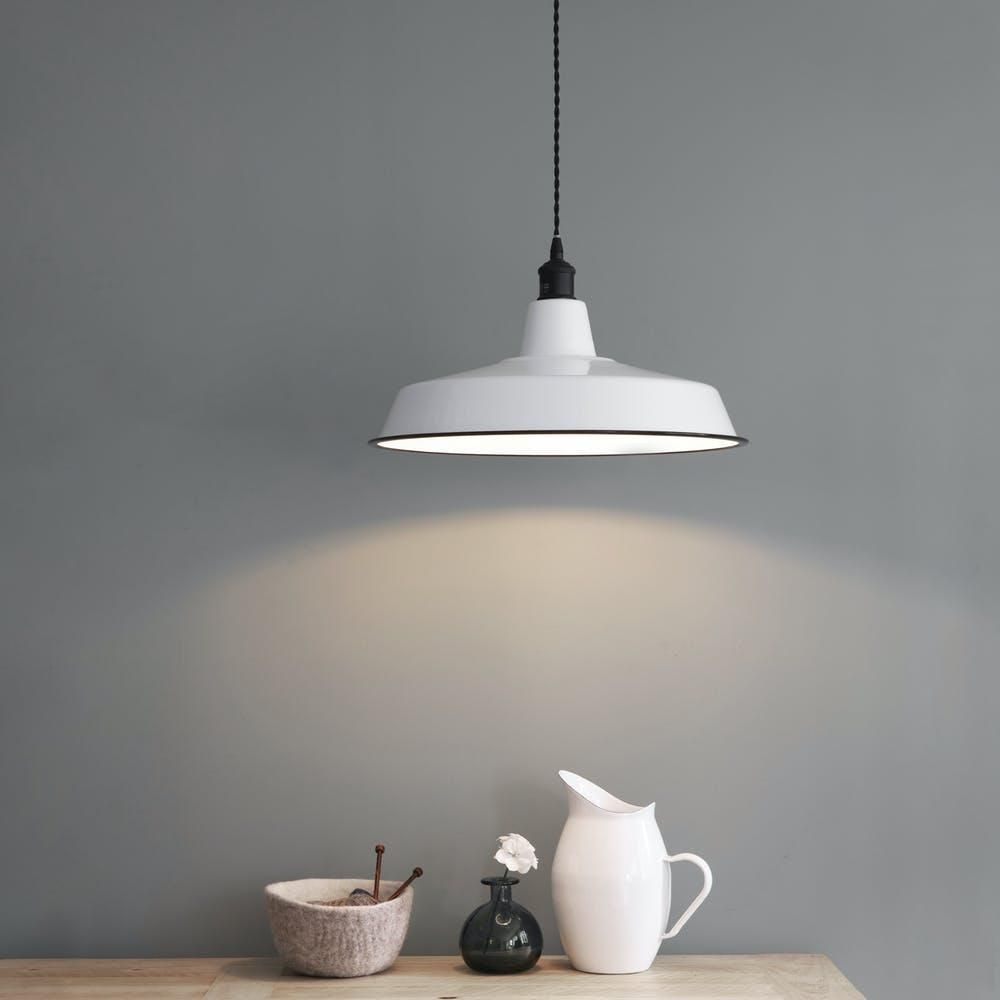Wide White Steel Bowl Hanging Light in Situ