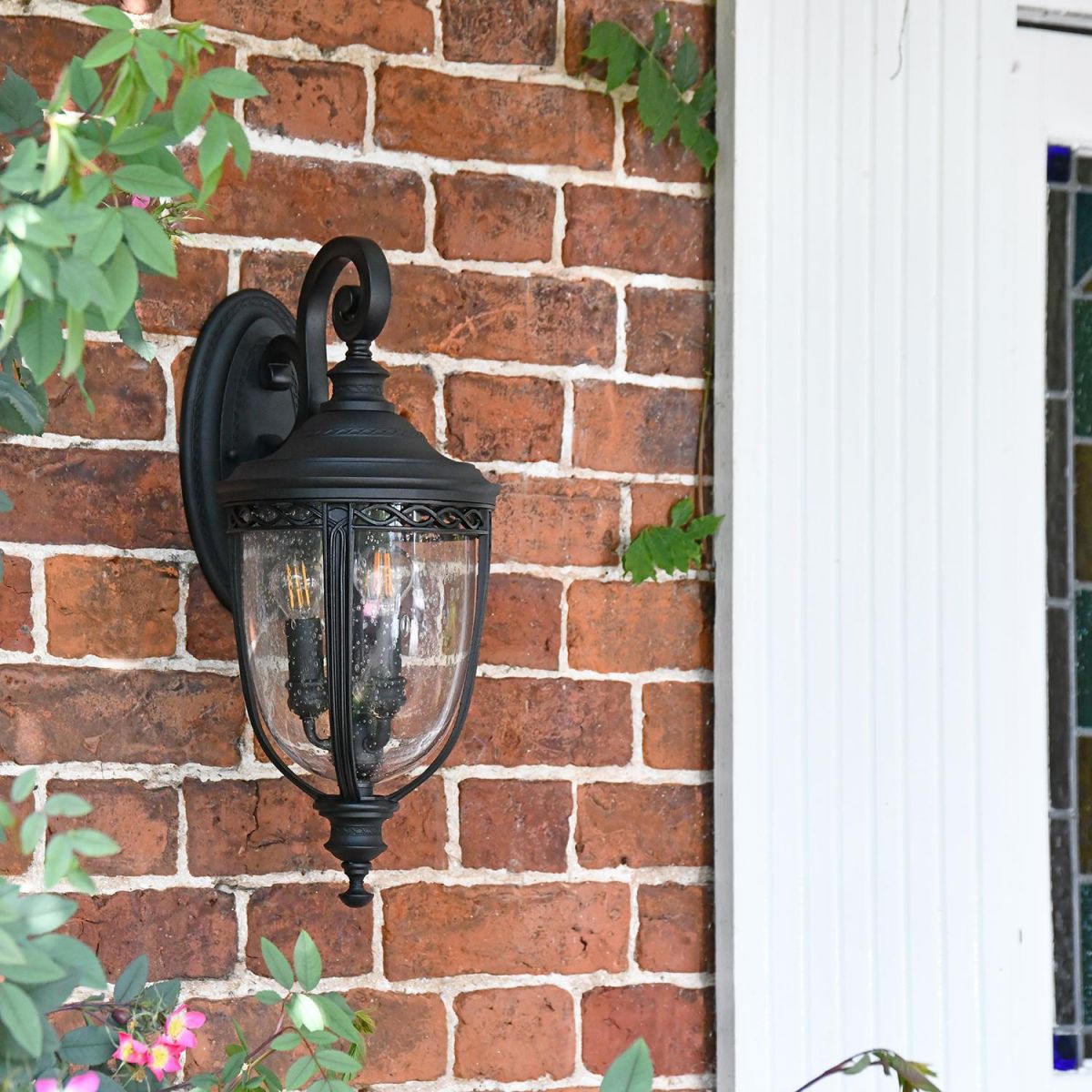 Traditional Extra Large Top Fix Black Wall Lantern Next to the Front Door