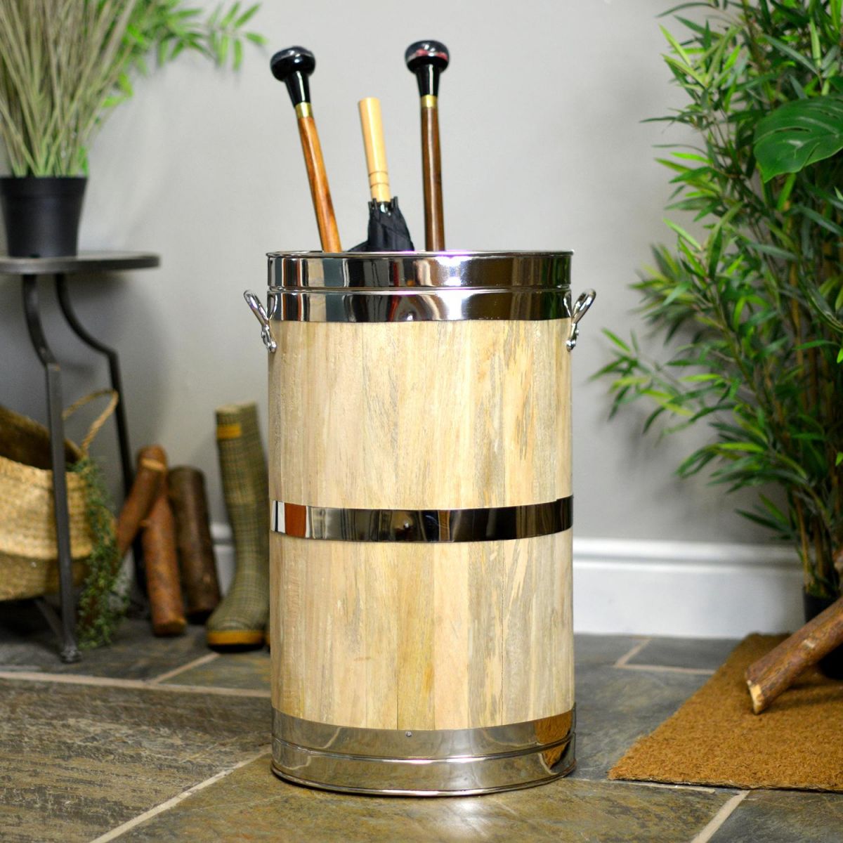 Wooden Umbrella & Walking Stick Stand with Polished Brass Fixings