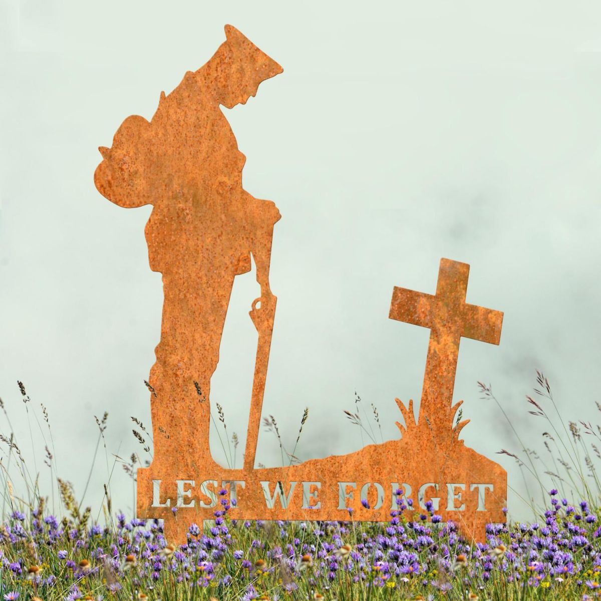 WW2 Soldier "Lest We Forget" Memorial Ground Spike in Rustic Finish