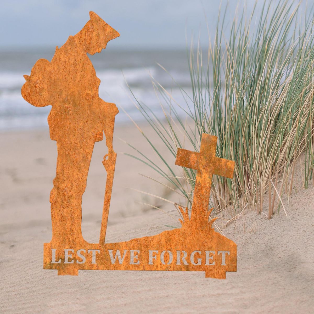 Rustic Memorial Ground Spike with WW2 Soldier "Lest We Forget" Motif