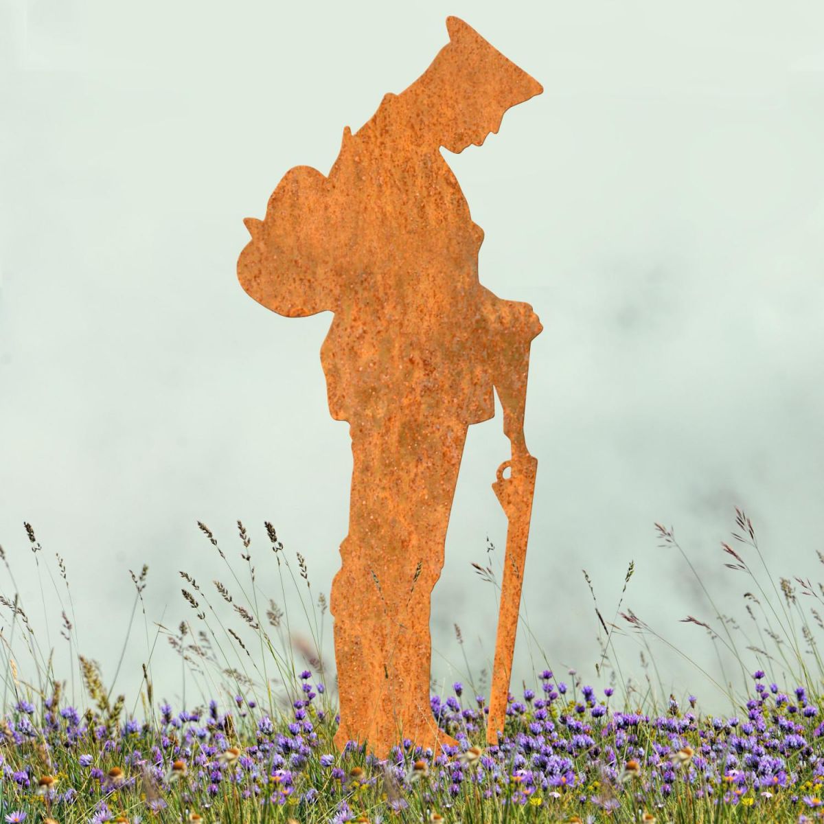 Rustic Grave Marker Ground Spike with WW2 Soldier Motif