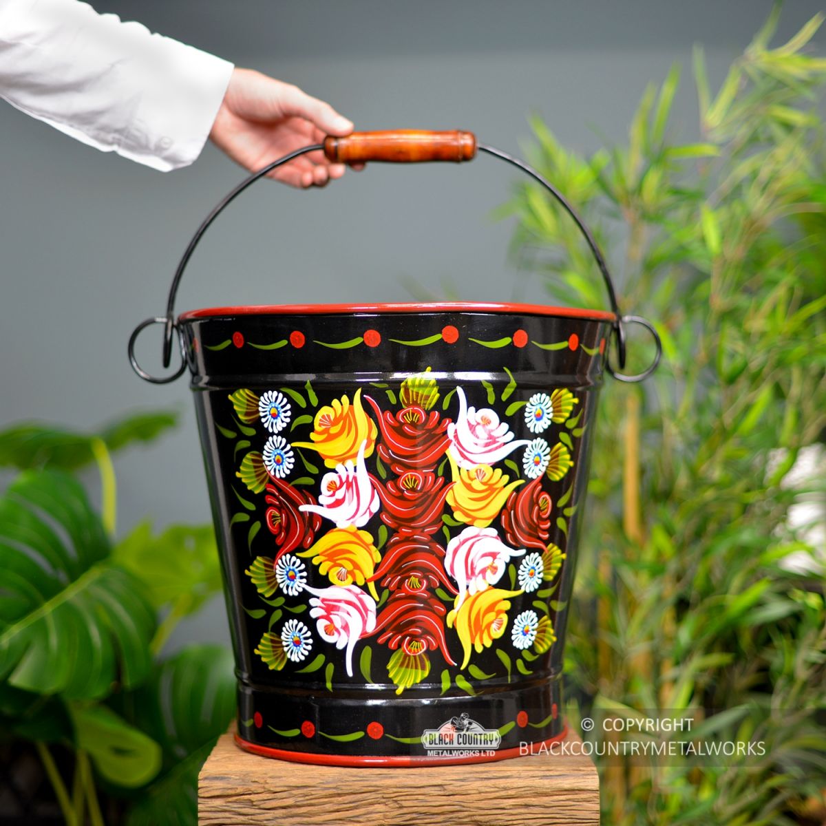 Hand Painted Black Log Bucket to Scale