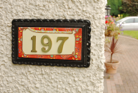 "Scarlett Garden" Large Black Iron & Ceramic House Sign