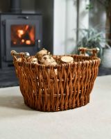 Aged Wicker Log Basket with Metal Handles in Situ