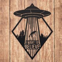 "I Want to Believe" Alien Wall Art in Situ on a Wooden Wall