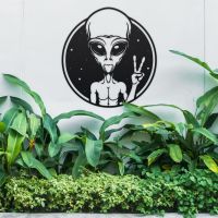 Peace Sign Alien Wall Art in Use in the Garden