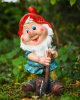 Angled view of colourful garden gnome ornament