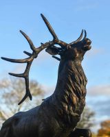 Close-Up of Antique Bronze "Regiment" Roaring Stag Garden Sculpture on Stand
