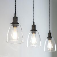 Antique Bronze Steel Trio Domed Cone Hanging Lights in Situ