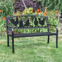 Bespoke Chickens & Rooster Iron & Steel Park Bench in Black in Situ