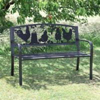 Iron & Steel Park Bench in Black with Bespoke Chickens & Rooster Backrest