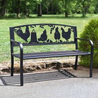 Iron & Steel Park Bench in Black with Bespoke Chickens & Rooster Backrest in Situ