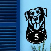 Bespoke Labrador House Number Sign On Blue Wall