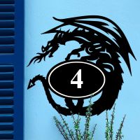 Bespoke Tribal Dragon House Number Sign On Blue Background