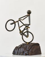 Stunt Riding Cyclist Recycled Metal Ornament with Wood Base