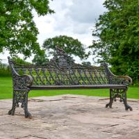 Aged Black Cast Iron Gothic Three Seater Garden Bench