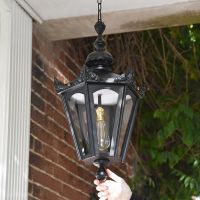 Black Concordia Hexagonal Chain Hanging Porch Lantern to Scale