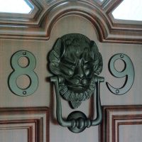 Black Lion Door Knocker in Situ on a Brown Door