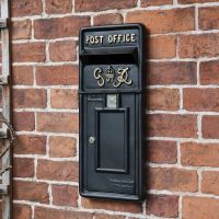 Black "King George" Rex Post Box Front in Situ on a Brick Wall