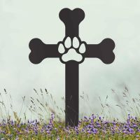 Black Paw Print on Dog Bone Cross Grave Marker Ground Spike in Situ