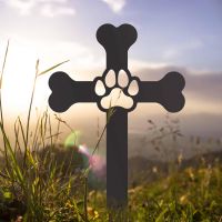 Black Paw Print on Dog Bone Cross Grave Marker Ground Spike