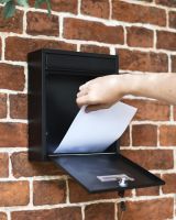 Front Opening in Use on Black Rectangular Steel "POST" Wall Mounted Post Box with Lock