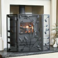 Black Rectangular Three Fold Fire Guard with Leaf Pattern