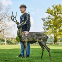 Brushed Gold Standing Deer Sculpture with Male for Size 