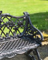 Close up of ornate cast iron detail on garden bench