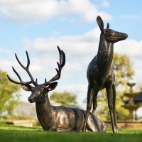 Cast Aluminium Standing Doe and Sitting Stag Sculptures in Situ