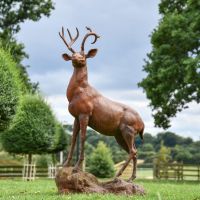  Cast Iron Stag Standing on Rock Sculpture