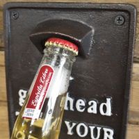 Cast Iron Wall Mounted Take Your Top Off Bottle Opener Close Up