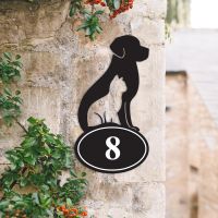 Cat & Dog Iron House Number Sign in Situ on a House