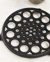 Close-Up of Circular "Spotted" Cast Iron Trivet in Black