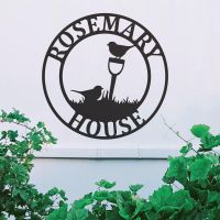Circular Steel "Gardening Robins" House Name Sign in Situ