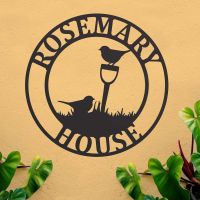 Circular Steel House Name Sign with "Gardening Robins" Motif