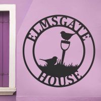 Circular Steel House Name Sign with "Gardening Robins" Design