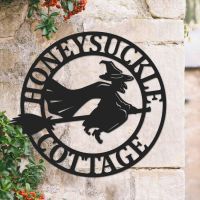 Circular Steel "Witch on Broom" House Name Sign 