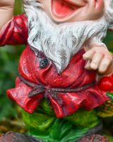 Close up of intricate beard and clothes detail on colourful garden gnome ornament