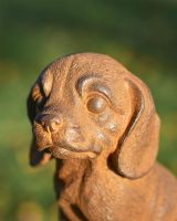 Close Up of Rustic Sitting Dog Garden Sculpture On Wall