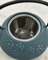 Close up of tea strainer detail on Blue & Silver Uwade Style Teapot with Floral Detailing