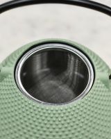 Close up of tea strainer detail on Cast Iron Mint "Maebashi" Japanese Inspired Teapot