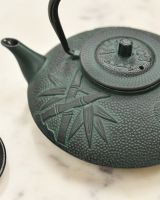 Close Up of Bamboo Design on Dark Green Teapot 