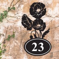 Cluster of Poppies Iron House Number Sign on a Garden Wall