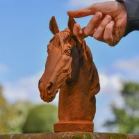 Rustic Cast Iron Horse Bust with Hand for Scale 