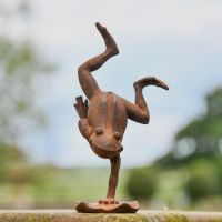 Rustic Cast Iron "Handstanding" Frog Sculpture in Garden 