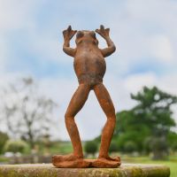 Rustic Cast Iron "High Five" Frog Sculpture in Garden Setting 