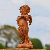 Rustic Cast Iron Winged Cherub with Violin Sculpture in Garden