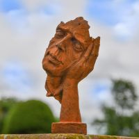 Rustic Cast Iron Abstract Listener Sculpture in Garden Setting 